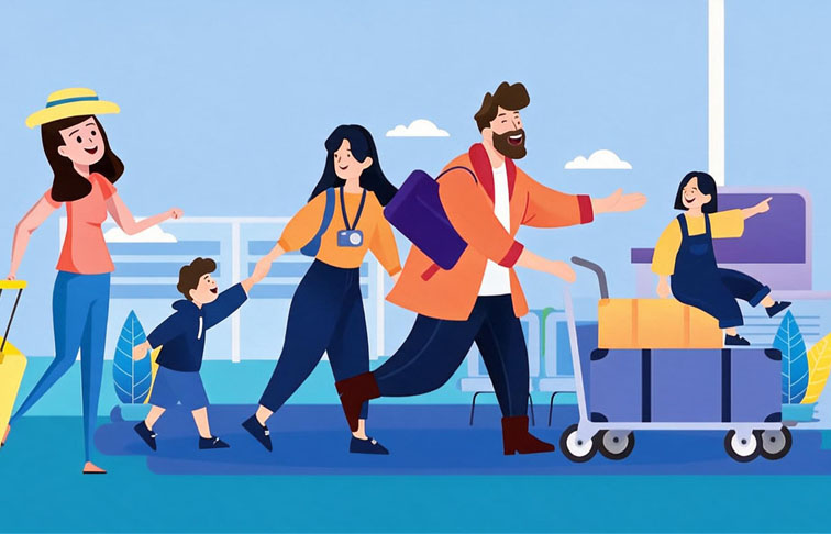 Ilustracion de pasajeros llegando al aeropuerto de cancun